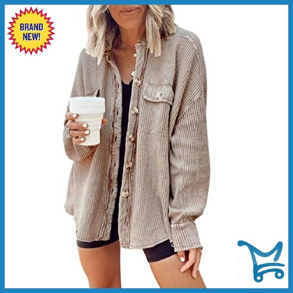 Loose Fit Batwing Sleeve Waffle Knit Button Down Shacket Top - Picture 2 of 7